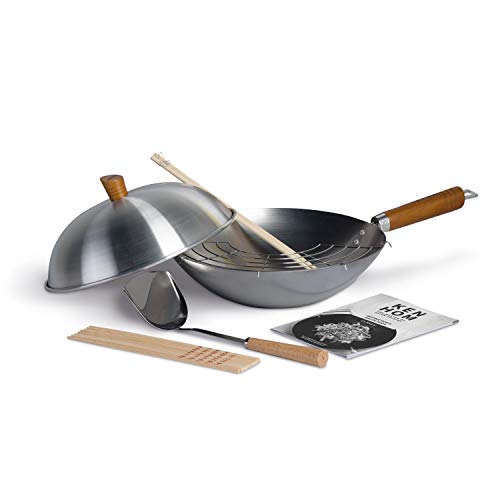 Ken Hom Carbon Steel Wok Set, 31cm, Classic, Non-Induction/Natural Patina Non-Stick/Wooden Handle, Includes Wok Pan with Lid, Wok Utensils and Recipe Book, KH331103